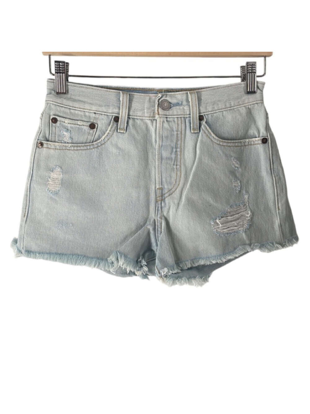 Levi's jean shorts frayed hem light blue distressed summer beach sz 25